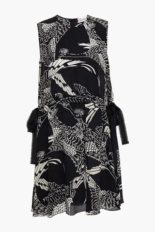 Bow-detailed printed silk crepe de chine mini dress