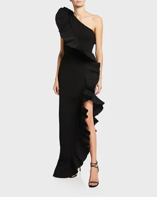 One-Shoulder Gown with Pleated Ruffles