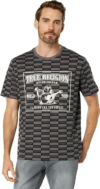 True Religion Logo Print Check Short Sleeve Tee (Jet Black) Men's Clothing