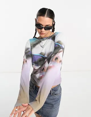 Collusion photographic print long sleeve top in multi