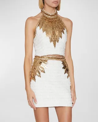 Crystal Embroidered Halter Tweed Crop Top