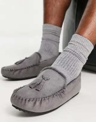 ASOS DESIGN moccasin slippers in gray with faux fur lining
