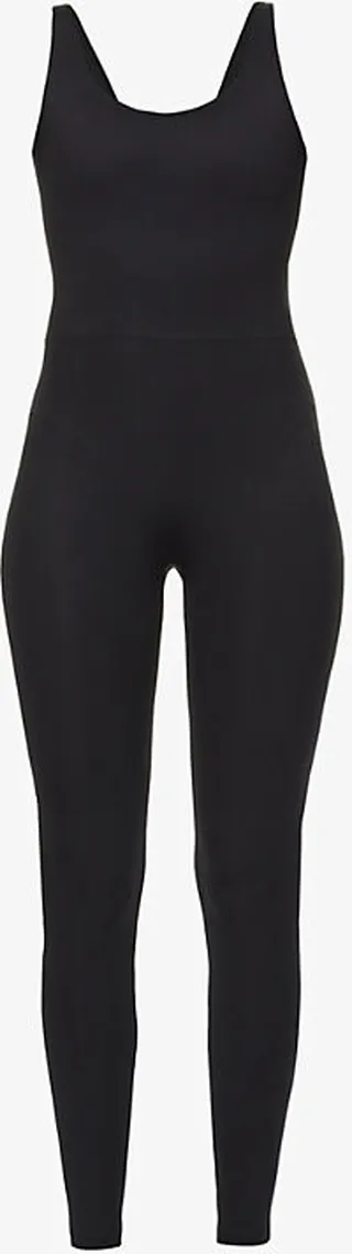 Womens Black Scoop-neck Stretch-recycled Polyester Unitard Xxs