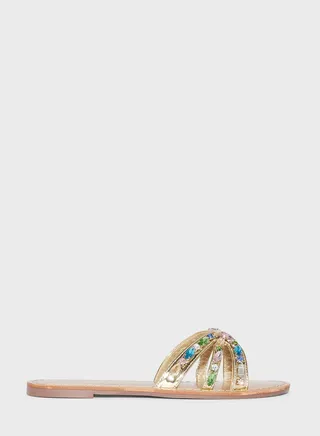 Crossover Jeweled Strap Flat Sandals