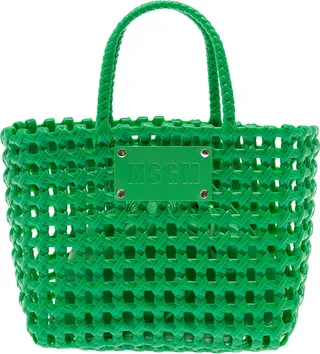 Medium Green Tote Bag With Logo Patch In Braided Rubber Woman