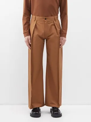 Pleated Cotton Wide-leg Trousers