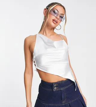 ASYOU satin asymmetric lace up cowl cami top in white