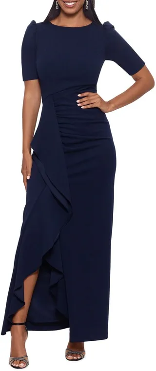 Scuba Crepe Ruffle Gown
