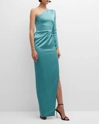 Delane One-Shoulder Drape Satin Crepe Gown