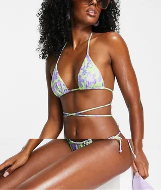 Bershka bikini top in bold green floral print