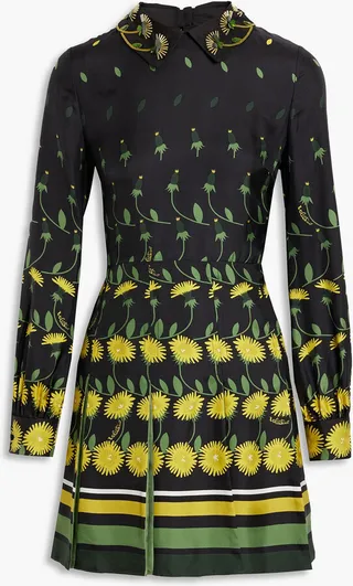 Embellished printed silk-twill mini dress