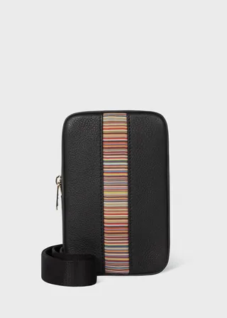 Black Leather 'Signature Stripe' Neck Pouch