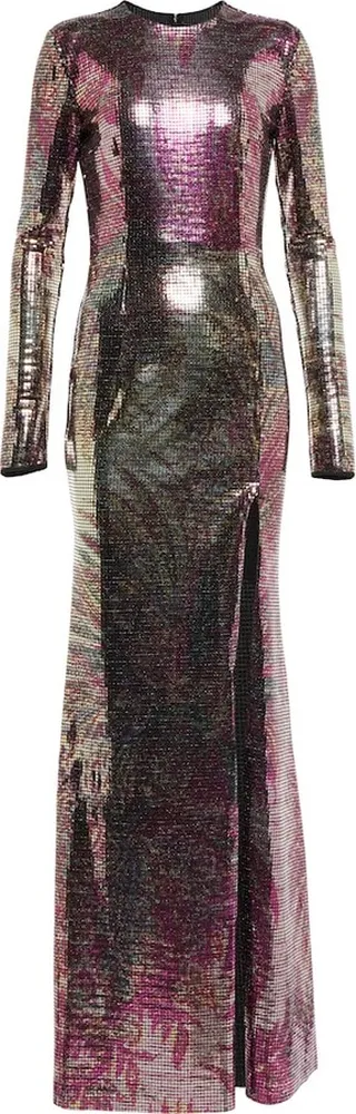 Printed microfoil maxi dress