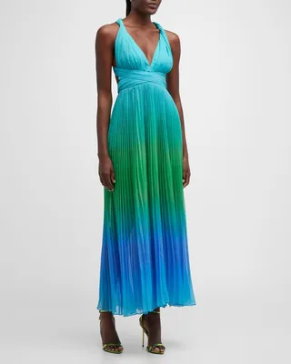 Long Ombre Pleated Crisscross-Strap Dress