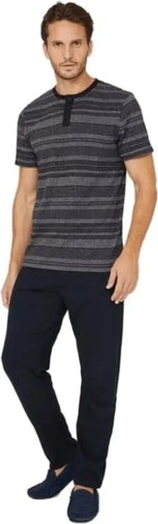 Debenhams Mens Striped Jersey Grandad Collar Pajama Set - Black