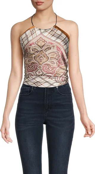 Garland Plaid Halter Scarf Top