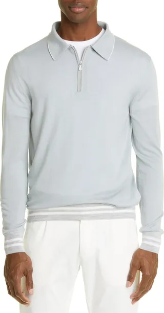 Tipped Long Sleeve Merino Wool & Silk Zip Polo Sweater