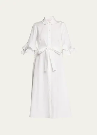 Pompom-Trim Belted Midi Shirtdress