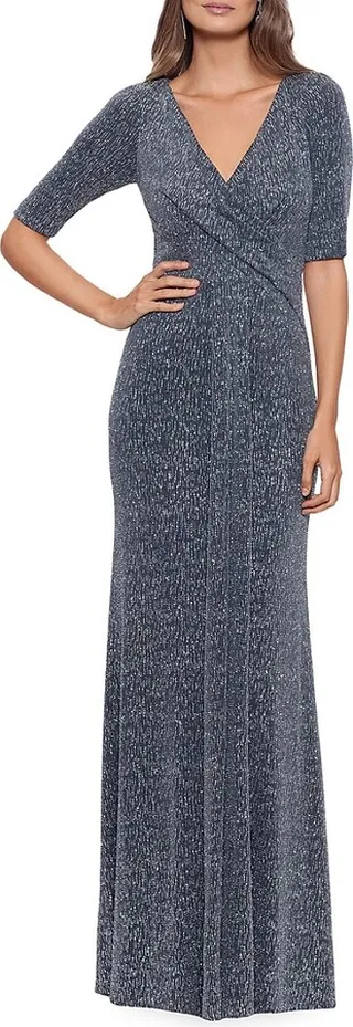 Elbow Sleeve Glitter Sheath Gown