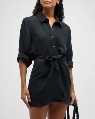 Laur Front-Tie Mini Linen-Cupro Shirtdress