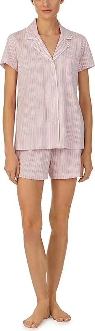 LAUREN Ralph Lauren Short Sleeve Notch Collar Shorty Set (Pink Stripe) Women's Pajama Sets