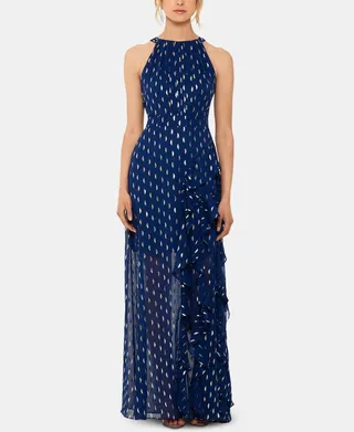 Betsy & Adam Chiffon Foil-Dot Gown