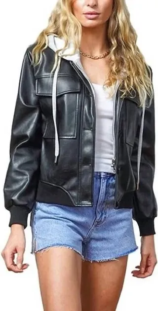 CAMILLE VEGAN LEATHER BOMBER JACKET in Black