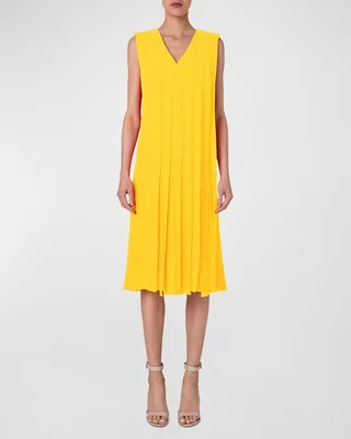 Silk Georgette Pleated Midi Dress with Shoulder Pads