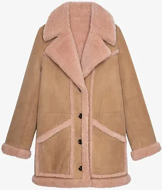 Womens Cognac Laury Oversized-collar Shearling-lined Leather Coat