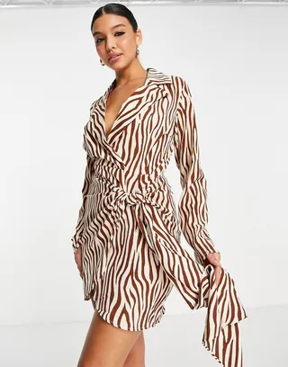 In The Style x Billie Faiers wrap detail dress with frill detail in brown leopard