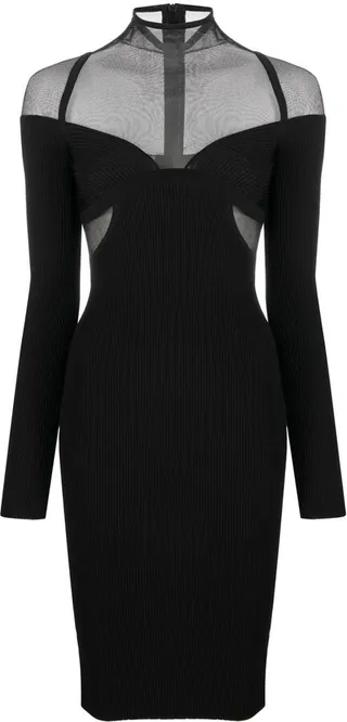 Sheer-Panel Long-Sleeve Dress