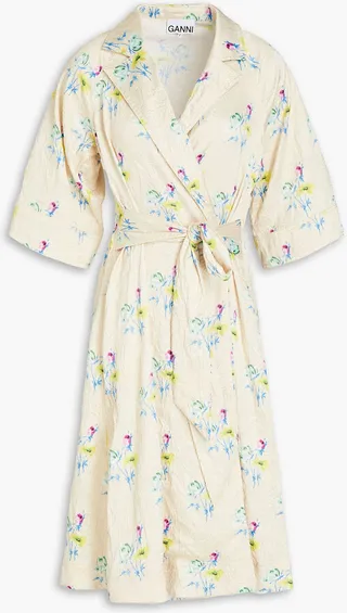 Floral-print crinkled-satin wrap dress