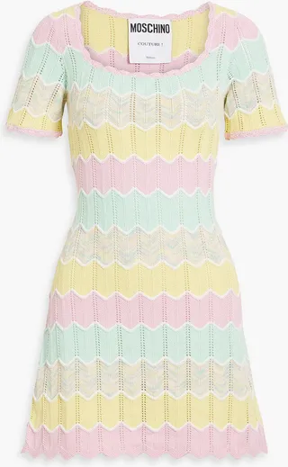 Scalloped striped pointelle-knit cotton-blend mini dress