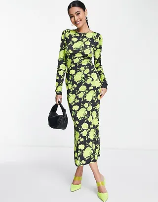 ASOS DESIGN maxi dress with lace up back detail in bright lime floral