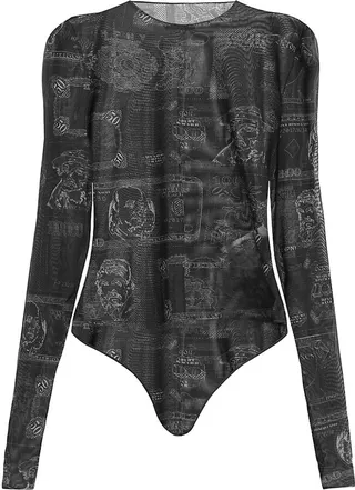 Currency-Print Sheer Mesh Bodysuit