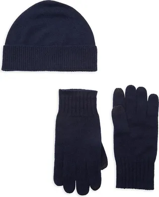 2-Piece Ribbed-Cuff Cashmere Beanie & Gloves Set