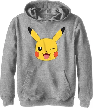 Boy's Pokemon Pikachu Wink Face Pull Over Hoodie - Athletic Heather - X Large