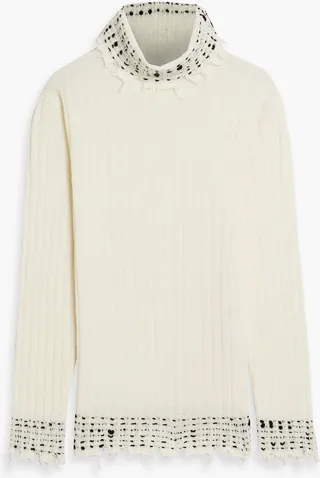 Embroidered distressed wool turtleneck sweater