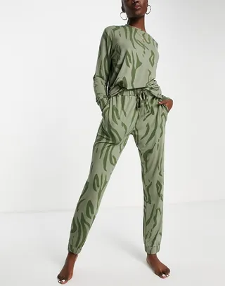 ASOS DESIGN lounge animal viscose sweat & sweatpants set in khaki
