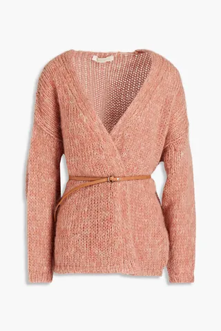 Belted mélange brushed knitted cardigan