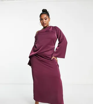ASOS DESIGN Curve off shoulder satin maxi dress with drape detail in wine