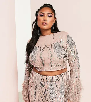 ASOS LUXE Curve cropped embellished top with faux feather cuffs in mink - part of a set
