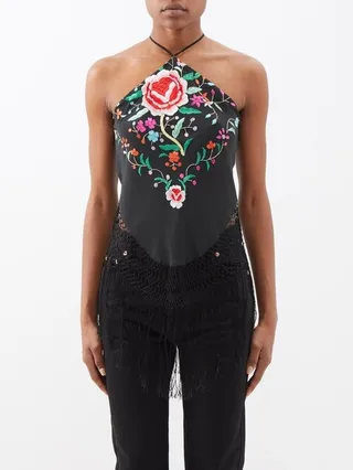 Tassel-hem Embroidered Crepe Halterneck Top