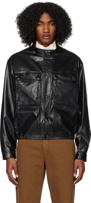 LEMAIRE Black Band Collar Leather Jacket