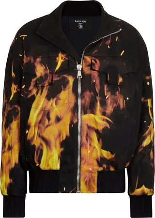 Fire-Print Denim Bomber Jacket