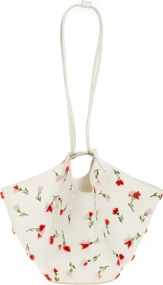 Mini Lotus Floral Embroidered Leather Tote