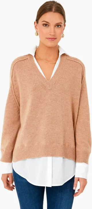 Camel V-Neck Layered Pullover
