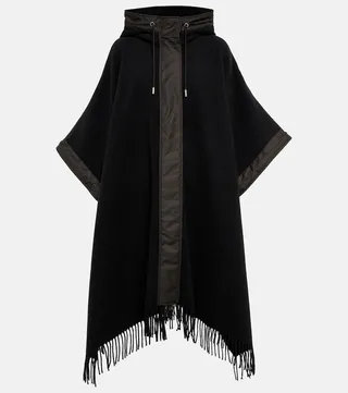 Fringe-trimmed hooded wool cape