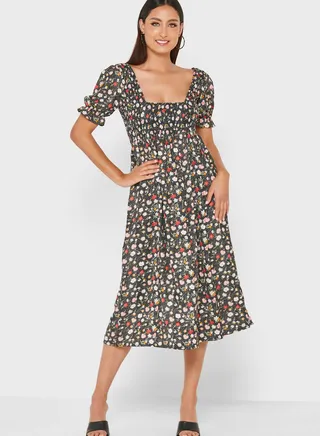Gathered Sleeve Smoking Dress