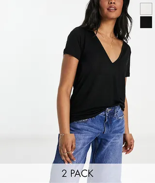 ASOS DESIGN relaxed v neck t-shirt in 2 pack in black and white